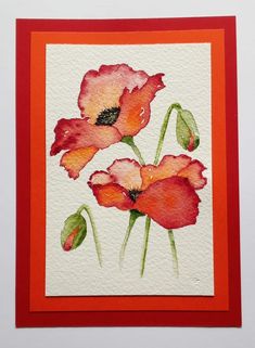 watercolor painting of three red flowers on white paper with an orange border around the edges