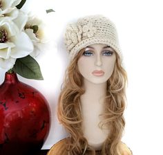 Crochet Womens Hat Winter Hats Crochet Beanie Women Winter - Etsy Beige Crochet Hat With Short Brim For Winter, Cream Adjustable Crochet Hat For Winter, Crochet Mini Hat Cap For Winter, Crochet Cap Mini Hat For Winter, Crochet Mini Cap For Winter, Adjustable Cream Beanie, Cream Beanie Hat, Cream Brimmed Crochet Hat For Winter, Adjustable Cream Crochet Beanie