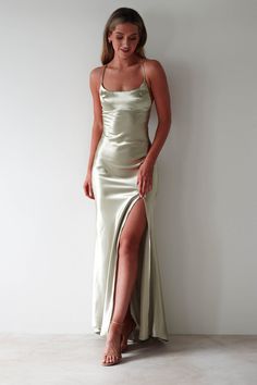 Celinee Satin Maxi Gown | Sage Satin Maxi Dresses, Silk Sage Green Bridesmaid Dresses, Low Back Formal Dress, Slim Prom Dress, Slip Prom Dress, Sage Prom Dress, Silk Prom Dress, Green Formal Dresses, Satin Formal Dress