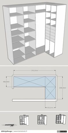 an architectural drawing shows the interior and exterior of a bookcase, with shelves on each side