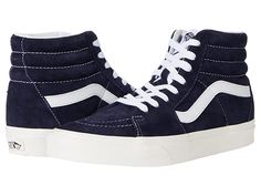 Vans SK8-Hi - Skate Shoes : (Pig Suede) Parisian Night/Snow White : Keep it old school every step of the way with the classic Vans SK8-Hi skateboard shoes! High-top skate shoes with a classic silhouette and Sidestrap detail. Uppers of suede, leather, or canvas. Cotton drill lining. Padded collar for added comfort and support. Triple-stitch collar adorns collar. Die-cut EVA insert. Vulcanized construction: • Slimmed-down profile offers a flexible feel. • Gum rubber outsole with signature waffle t Suede High-top Sneakers With Round Toe For Skateboarding, Vans High-top Skate Shoes With Contrast Sole, Classic High-top Skate Shoes With Laces, Sporty Suede Vans Skate Shoes, Vans Suede Skate Shoes With Laces, High-top Suede Skate Shoes With Branded Insole, High-top Suede Skate Shoes With Laces, High-top Suede Sneakers For Skateboarding, High-top Suede Skate Shoes