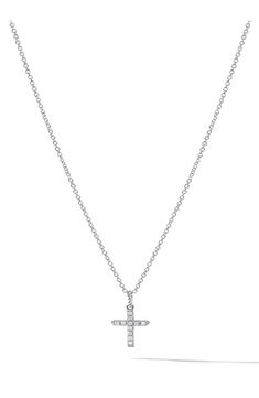 18K yellow and white gold. Pavé diamonds, 0.07 total carat weight. Chain, 1.1mm wide, adjustable. Lobster clasp. Made in the USA. >Diamond Guide White Diamond Cross Pendant With Single Cut Diamonds, Diamond White Jewelry With Single Cut Cross Pendant, Diamond White Jewelry With Single Cut Diamonds Cross Pendant, Diamond White Single Cut Cross Pendant Jewelry, White Gold Pendant With Single Cut Diamonds, White Gold Single Cut Diamond Pendant, White Gold Diamond Cross Pendant Necklace With Pavé Setting, Elegant Single Cut Diamond Cross Pendant Jewelry, Elegant Single Cut Diamond Cross Pendant