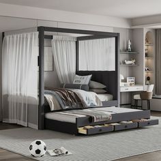 a bedroom with a soccer ball on the floor and a bed in front of it