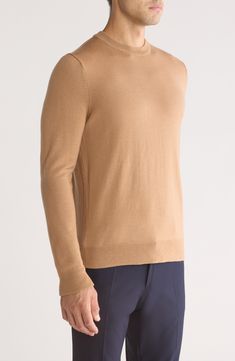 The only thing more wonderful than a smooth and polished-looking merino wool sweater is the fact that it's washable—your life just got easier! 26 1/2" length (size Medium) Crewneck Ribbed cuffs and hem 100% merino wool Machine wash, dry flat Imported Men's Clothing Classic Stretch Brown Sweater, Solid Wool Sweater For Everyday, Everyday Solid Wool Sweater, Fitted Merino Wool Sweater In Solid Color, Fitted Solid Merino Wool Sweater, Fitted Merino Wool Sweater, Solid Merino Wool Sweater For Work, Merino Wool Sweater, Crewneck Sweater