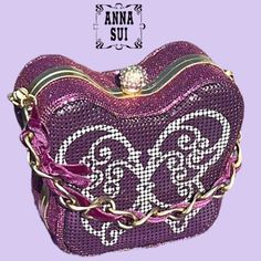 Anna Sui Purple Shimmer Party Bag Limited 2000's Hard Shell Butterfly Purple/Lilac Mesh Outer Bling Gold Ball Snap Close Detail Chain Which Is Removable And Comes With A Longer Chain So It Can Be A Shoulder Bag Or Satchel . Floral And Logo Inner With A Small Pocket Gold Tone Hardware Imported Dust Bag Film Still On Outer Back Logo Stored With Care Euc/Beautiful Approximate Measurements: 5"L 5"H To Top 3"W See Pics For They Are Part Of The Description And Feel Free To Ask For More Rare # Collector # Japan Shell Butterfly, Butterfly Purple, Butterfly Party, Anna Sui, Purple Lilac, Party Bag, Film Stills, Long Chain, Mini Bag