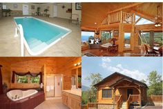 there are pictures of different types of houses with swimming pool and hot tubs in them