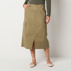 This a.n.a women's midi cargo skirt is the perfect blend of style and utility. Cut to a high-rise, it's made from comfortable stretch-cotton twill with a button-zip fly, multiple pockets, and a split at the front. Pair it with a blouse and heels or a t-shirt and sneakers.Front Style: Flat FrontClosure Type: Button & ZipperClosure Location: FrontPockets: 2 Back Flap Pockets, 2 Front Slip Pockets, 2 Cargo Side PocketsRise: High RiseApparel Length: 31 InchesFiber Content: 98% Cotton, 2% SpandexFabr Cheap Forever 21 Skirt With Pockets, Khaki Cargo Skirt With Side Pockets, Green Utility Mini Skirt, Casual Khaki Midi Skirt, Relaxed Fit Pencil Skirt With Pockets For Fall, Khaki Skirt With Pockets, Relaxed Fall Pencil Skirt With Pockets, Fall Relaxed Pencil Skirt With Pockets, Fall Pencil Skirt With Pockets