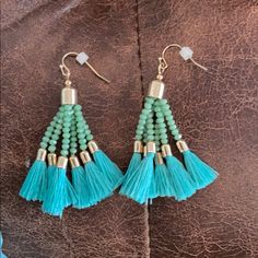 Beautiful Boutique Store Earrings! Perfect For The Spring/Summer Or At The Beach. They Are Brand New, Never Been Worn. Tassels Are In Place. They Are So Fun, I Don’t Have My Ears Pierced So They Need A Good Home! Turquoise Earrings For Spring Party, Green Casual Earrings For Spring, Casual Green Earrings For Spring, Casual Summer Party Earrings, Blue Tassel Earrings With Dangling Beads For Summer, Summer Blue Beaded Earrings With Tassels, Turquoise Beaded Tassel Earrings For Summer, Green Tassel Beach Earrings, Summer Turquoise Beaded Tassel Earrings