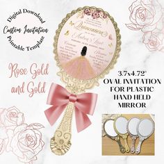 an image of a brochure with roses and gold on the front, and pink ribbon in the back