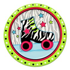 a green and red plate with zebra print roller skates in the center, on a white background