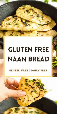 gluten free naan bread in a cast iron skillet with text overlay