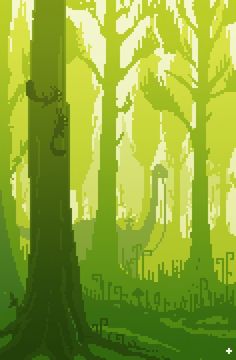 an image of a forest scene with trees and animals in the foreground, on a light green background