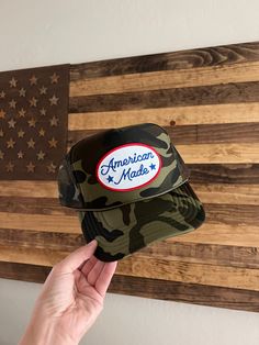 Camo, khaki, navy, light pink, or neon yellow high crown foam snap back trucker hat detailed with American Made patch Black Trucker Hat, Snap Backs, Cute Hats, Super Sweet, Neon Yellow, American Made, Hat Designs, Trucker Cap, Camo