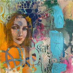 an abstract painting of a woman's face surrounded by other art work and objects