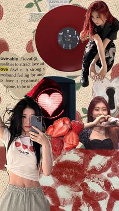 collage of two girls with cell phones in front of red and white wallpaper