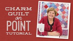 a woman sitting in front of a sewing machine with the words charm quilt on point