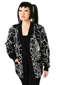 black unisex cardigan with all over white spider web design Halloween Long Sleeve Cardigan, Witchy Long Sleeve Outerwear For Fall, Long Oversized Cardigan, Weird Style, Web Patterns, Statement Jacket, Cape Jacket, Wardrobe Update, Oversized Cardigan