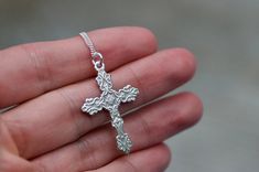 "Encrusted Cross Charm Necklace Solid Sterling Silver Godmother Gift Baptism Gift Confirmation Gift Birthday Gift Cross Pendant Solid Sterling Silver AG925 - NICKEL FREE Great gift for : * baptism * confirmation * first communion * birthday * Christmas * as godmother / godfather gift Please choose the chain length: - 38cm (15\") - 40cm (15.5\") - 45cm (17.5\") - 50cm (19.5\") Cross charm size: 13,30 mm x 20,30 mm (1.3\" x 0.85\") All jewelry is shipped in an elegant gift box See more religious j Vintage Engraved Cross Necklace Gift, Vintage Sterling Silver Cross Necklace Gift, Handmade Vintage Cross Necklace As Gift, Handmade Vintage Cross Necklace For Gift, Handmade Vintage Style Cross Necklace As Gift, Handmade Vintage Cross Necklace Gift, Silver Cross Pendant For Wedding, Silver Necklace With Miraculous Medal For Wedding, Silver Crucifix For Wedding