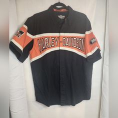 Nwot Harley Davidson Racing Colorblock Button Up. Only Worn To Try On. Black Cotton Shirt With Contrast Color, Casual Orange Tops With Contrast Color, Black Cotton Shirt With Color Block, Retro Black Workwear Shirt, Retro Black Shirt For Work, Denim Shirt Men, Harley Davidson Shirt, White Halter Maxi Dress, Harley Davidson Men