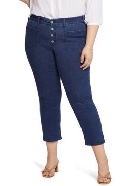 An exposed button fly and front patch pockets bring contemporary attributes to straight-leg jeans finished with subtle flared legs and a cropped silhouette. Magical satin elastic lines the interior of the waistband and molds to the upper hip for an extracomfortable fit. Exclusive lift-tuck technology helps flatten the tummy and lift the rear. 23" inseam; 16" leg opening; 11 1/2" front rise; 18 1/2" back rise 73% cotton, 14% lyocell, 10% viscose, 3% elastane Machine wash, line dry Imported Dark Wash Jeans With Buttoned Pockets For Work, Straight Leg Jeans With Snap Buttons For Work, Medium Wash Straight Leg Bottoms With Buttoned Pockets, Relaxed Fit Straight Leg Jeans With Buttons, Medium Wash Jeans With Buttons For Work, Medium Wash Straight Leg Bottoms With Snap Buttons, Casual Flare Jeans For Work With Buttons, Casual Flare Jeans For Work, Medium Wash Cropped Pants With Button Closure