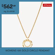 Features: Quick ShipJewelry Closure: Lobster ClaspLink Construction: HollowShape: CircleMetal Color: YellowChain Length: 18 InchChain Width: 2.2 MillimetersChain Gauge: 016Pendant Length: 19.2mmPendant Width: 19.2mmChain Construction: RopeCare: Wipe CleanMetal: 10k GoldNecklace Type: Pendant NecklacesCountry of Origin: Imported Anniversary Chain Necklace With 17 Jewels, Diamond Cut Chain Necklace For Anniversary, Anniversary Diamond Cut Chain Necklace, 9ct Gold Circle Pendant Necklace, Gold Plated Necklaces Stamped 14k, Gold Necklace Stamped 14k, Stamped 14k Necklaces For Anniversary, Stamped 14k Anniversary Necklace, Yellow 14k Gold Round Pendant Necklace