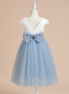 [US$ 49.00] A-Line Tea-length Flower Girl Dress - Satin/Tulle Sleeveless Scoop Neck With Lace/Bow(s) Tea Length Flower Girl Dress, Sleeveless Flower Girl Dresses, Flower Girl Dresses Blue, Girls Dresses Online, Tulle Flower Girl, Satin Tulle, Tulle Flowers, Flower Girl Dress Lace, Flower Girl Dresses Tulle