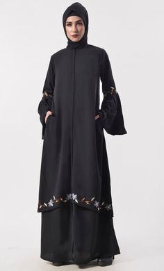 Double Layered Black Abaya Black Abaya, Pakistani Fancy Dresses, Embroidered Silk, Layers Design, Sleeve Detail, Each Day, Fancy Dresses, Nun Dress, Designer Dresses