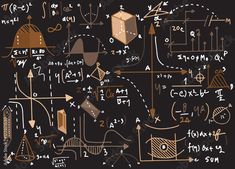 an abstract background with many different types of graphs and numbers on blackboard, hand drawn