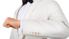 If you are seeking a formal look with a white or ivory dinner jacket to attend events in the spring & summer - or even for your special day, we recommend pairing an ivory dinner jacket with black tuxedo pants rather than going for an all-ivory tuxedo. This dinner suit features self-faced shawl collar (no satin), mother-of-pearl buttons and classic black tuxedo pants with a 10mm satin stripe on the side. 
The 100% Super 110s wool fabric woven by the Italian fabric experts Vitale Berberis Canonico White Tuxedo With Suit Collar For Formal Occasions, White Suit With Suit Collar For Evening, White Evening Suit With Suit Collar, Elegant Cream Blazer For Formal Occasions, Formal White Tuxedo With Pressed Crease, White Formal Tuxedo With Pressed Crease, White Tuxedo With Pressed Crease For Formal Occasions, White Tuxedo With Pressed Crease For Formal Events, Luxury White Suit For Evening