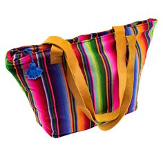 Our Hacienda Tote bag is made of brightly striped cotton fabric loomed in Guatemala using a traditional foot loom by women artisans. One of our founder's favorites, this tote is a must have! Perfect for the office, or an overnight bag! Fully lined with 2 inside pockets, one is a zip pocket. Zip closure at the top with wide leather straps for comfort.* 19'' L x 7'' W x 10'' H * Strap drop - 14" * Made following Fair Trade guidelines * Handmade in Guatemala Multicolor Tote Bag With Striped Lining, Striped Woven Travel Bag, Woven Striped Travel Bag, Striped Woven Tote Beach Bag, Striped Woven Beach Bag For Everyday Use, Handwoven Striped Bags For Everyday Use, Everyday Handwoven Striped Bags, Fair Trade Multicolor Beach Bag For Travel, Multicolor Fair Trade Beach Bag For Market