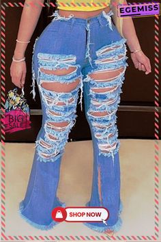 Deep Blue Fashion Casual Regular Solid Broken Hole Jeans Blue Ripped Non-stretch Bottoms, Blue Non-stretch Ripped Bottoms, Non-stretch Ripped Blue Bottoms, Chic Ripped Blue Jeans, Bottom Jeans, Bell Bottom, Blue Fashion, Bell Bottoms, Deep Blue