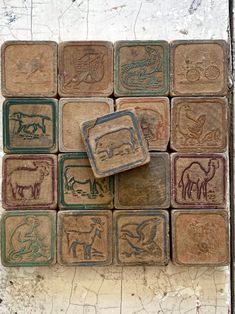 several square tiles with animals on them are arranged in the shape of a rectangle