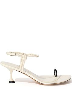 cream white calf leather twist detailing single toe strap buckle-fastening ankle strap mid sculpted heel Evening Cream Sandals With Single Toe Strap, Cream Evening Sandals With Single Toe Strap, Cream Sandals With Heel Strap And Square Toe, Chic White Calf Leather Sandals, Cream Sandals With Sculpted Heel For Evening, Cream Sandals With Buckle Closure For Evening, White Sandals With Contrasting Heel And Single Toe Strap, White Sandals With Sculpted Heel And Single Toe Strap, White Calf Leather Sandals With Buckle Closure