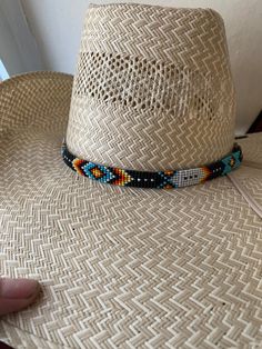 "1/2\" wide All bead work is beaded with 10lb extreme braided nylon line. All hat bands are finished at 23\" with glued than sewed down leather ends and an adjustable leather tie." Feather Hat Band, Beaded Hat Bands, Country Hats, Bead Loom Designs, Hat Bands, Beaded Hat, Native Beadwork, Leather Tie, Feather Hat