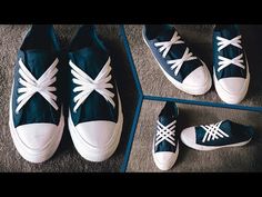 four pictures of shoes with white and blue laces on them, one in front of the other