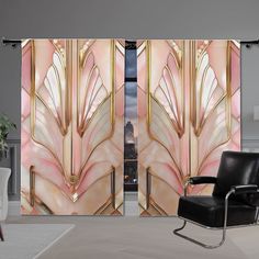 an art deco room divider with pink and gold designs on the doors, in front of a cityscape