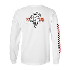 "This Yankii Limited - Michelin JDM Long Sleeve T-Shirt is a full reinterpretation of the timeless Michelin mascot. Black mask, fearless narrow eyes, the bibendum is in the starting blocks. And it's certainly not for a legal race. Many icons are influential in the Automotive World and Japanese Motorsport. Passed from a respectable mark to the rank of legend. is a real feat these days. As creating the Yankii Limited Collection we wanted to pay tribute to these great icons that have successfully settled in the minds of people thanks to the strength of their values and their commitments: performance, quality, irreproachable service ... Brands that have become timeless and that we have reinterpreted in the spirit of Yankii Garage. This JDM Streetwear Fashion Collection is like these great bran Long Sleeve Shirt With Character Print For Streetwear, Sporty Long Sleeve Tops With Character Print, White Sports T-shirt With Character Print, Sporty Long Sleeve T-shirt With Graphic Design, White Streetwear Top With Front And Back Print, White Long Sleeve Top With Back Print, Long Sleeve Sports T-shirt With Screen Print, Long Sleeve Shirt With Graphic Print For Fans, Long Sleeve Graphic Print Shirt For Fans