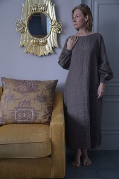 Elegant Linen Dress With Relaxed Fit, Elegant Relaxed Fit Linen Dress, Elegant Linen Tunic Dress, Elegant Long Sleeve Beige Linen Dress, Elegant Oversized Linen Dress, Elegant Brown Linen Dress, Brown Linen Long Sleeve Dress, Coffee Color, Embroidered Dress