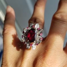 Great Condition For This Vintage Huge Real Ruby With Real Diamond Ring . The Metal Is Palladium White Gold And Silver Mix . Each 33% . So You Can Thinking This Is 9k White Gold With Value Palladium 33% And Silver 33% Metal. All Natural Stones . Ruby Size Huge Over 6ct Ring Size About 7 -7.5 , Of Course Can Resize Luxury Red Multi-stone Rings, Formal Red Ruby Ring In Platinum, Collectible Ruby Ring In Fine Jewelry Style, Collectible Fine Jewelry Ruby Ring, Luxury Silver Ruby Ring With Multi-stones, Red Ruby Ring In Platinum For Gift, Silver Ruby Rings For Collectors, Formal Red Platinum Rings, Formal Silver Ruby Ring With Lab-created Stone