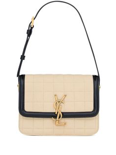 beige/black calfskin gold-tone hardware adjustable shoulder strap contrasting trim signature YSL logo plaque foldover top with magnetic fastening quilted main compartment internal patch pocket internal logo patch Bag Names, Ysl Logo, Womens Designer Handbags, Dolce E Gabbana, Designer Shoulder Bags, Saint Laurent Bag, Purses Designer, Quilted Bag, Satchel Bags