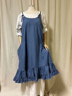 Our Emma Pinafore in the Indigo Denim in dark and light wash, loop and tie straps with trapeze back and big pockets. Cute with a tee shirt and bloomers or over a dress. Sure to be a favorite. Made in the USA. XS bust 38" S bust 40" M bust 42" L bust 44" XL bust 46" XXL bust 48" Length 42" Big Pockets, Indigo Denim, Dark And Light, Pin Stripe, Romantic Dress, Kawaii Clothes, Jumper Dress, Skirt Pants, Denim Wash