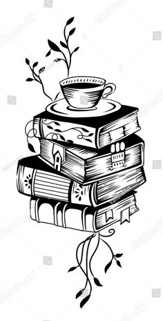 a stack of books with a cup and saucer on top, in black and white