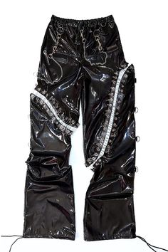 THE "DESTROY" SAFETY PINS VINYL PANTS – shaykawaii Safety Pin Pants, Vinyl Pants, Safety Pins, Vinyl Fabric, Pair Of Pants, Safety Pin, Black Faux Leather, Parachute Pants, Harem Pants