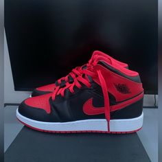 Brand New Jordan Air Jordan 1 Mid (Gs) Color Is Black/Fire Red-White Size 7y Orange And Black Shoes, Red Jordan 1 Outfit, Michael Jordan Sneakers, Red And White Jordans, Air Jordan 1 Mid Gs, Pretty Sneakers, Red Jordans, Asian Nails, Nike Style