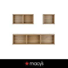 three wooden shelves with one open and the other closed, on a white background that says macy's