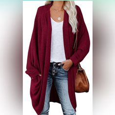 Zoeace Women’s Open Front Knit Cardigan Batwing Sleeve Cable Knitted, Slouchy Oversized Style, Side Pockets Oversized Sweater Size Xl Color Is Burgundy Brand New Never Worn Casual Red Knitted Sweater Coat, Cozy Red Sweater Coat For Fall, Casual Oversized Cardigan With Batwing Sleeves, Oversized Solid Color Cozy Cardigan, Casual Cardigan With Batwing Sleeves, Casual Cardigan With Batwing Sleeve For Layering, Casual Batwing Sleeve Cardigan For Layering, Trendy Red Knit Cardigan, Cozy Red Cardigan For Fall