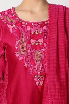 Shop for Nadima Saqib Pink Silk Chanderi Kurta Set for Women Online at Aza Fashions Kurta Set For Women, A Line Kurta, Straight Fit Pants, Color Magenta, Indian Bridal Outfits, Embroidered Neckline, Kurta Set, Pink Silk, Bridal Outfits