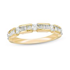 Say your vows with this glittering diamond wedding band. Crafted in warm 10K gold, this elegant choice features five sparkling 1/20 ct. diamonds alternating with stunning bars shimmering with baguette-cut diamonds. Captivating with 1/2 ct. t.w. of diamonds and a bright polished shine, this beautiful ring celebrates your everlasting love. Radiant Ring, Fine Diamond Jewelry, Peoples Jewellers, Baguette Cut Diamond, Buying Diamonds, Everlasting Love, Diamond Wedding Band, Baguette Cut, Beautiful Ring