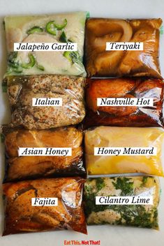 six different types of food wrapped in plastic bags with the names of each item on them