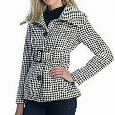 New Original Price: $72.00 This Houndstooth Printed Wool Coat Comes With Large Buttons, A Matching Buckle Belt, And A Large Collar. Front Button Closure With Buckle Belt Collar Wool Dry Clean Only Imported Tailored Houndstooth Outerwear For Winter, Winter Collared Outerwear With Houndstooth Pattern, Collared Houndstooth Winter Outerwear, Collared Houndstooth Outerwear For Winter, Fitted Double-breasted Houndstooth Outerwear, Trendy Button-up Houndstooth Outerwear, Trendy Houndstooth Pattern Button-up Outerwear, Winter Houndstooth Outerwear For Business Casual, Casual Fitted Houndstooth Outerwear